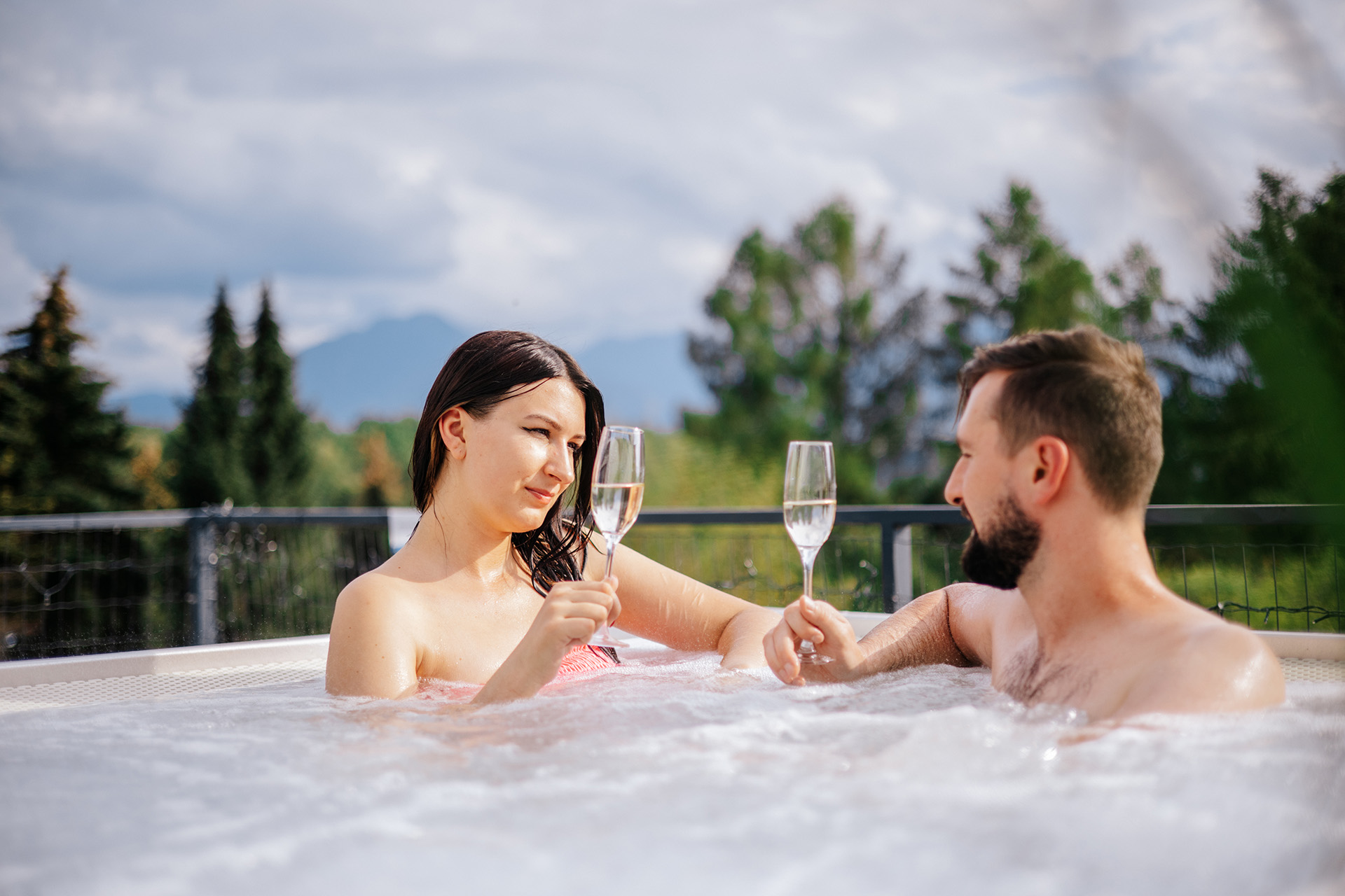 Outdoor hot tub with prosecco